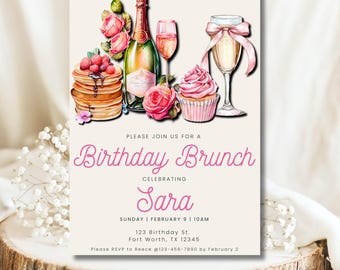 Birthday Brunch Invitation Champagne Party Invite EDITABLE Template Instant Download