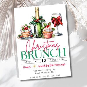 May include: Watercolor illustration of a Christmas Brunch invitation. The design features a champagne bottle, a wine glass, and desserts. The invitation text reads "Christmas Brunch" with the date, time, and location.
