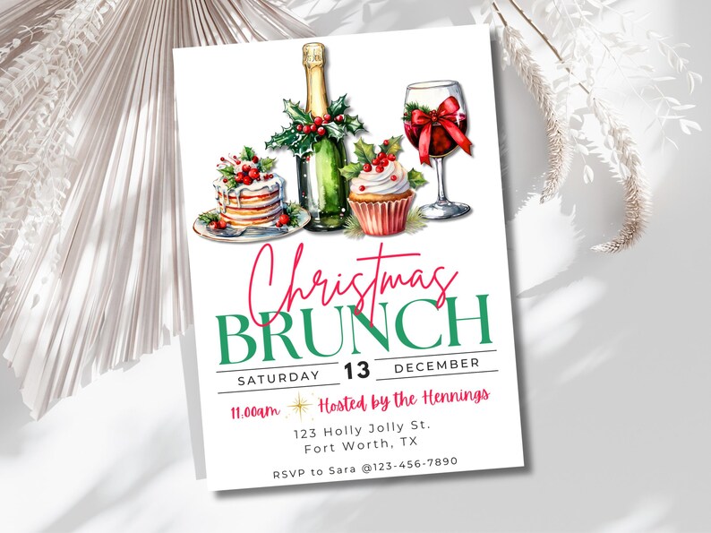 May include: Watercolor illustration of a Christmas Brunch invitation. The design features a champagne bottle, a wine glass, and desserts. The invitation text reads "Christmas Brunch" with the date, time, and location.