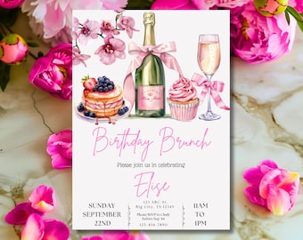 Zaproszenie na brunch urodzinowy Zaproszenie na brunch szampański Edytowalny szablon Canva do natychmiastowego pobrania