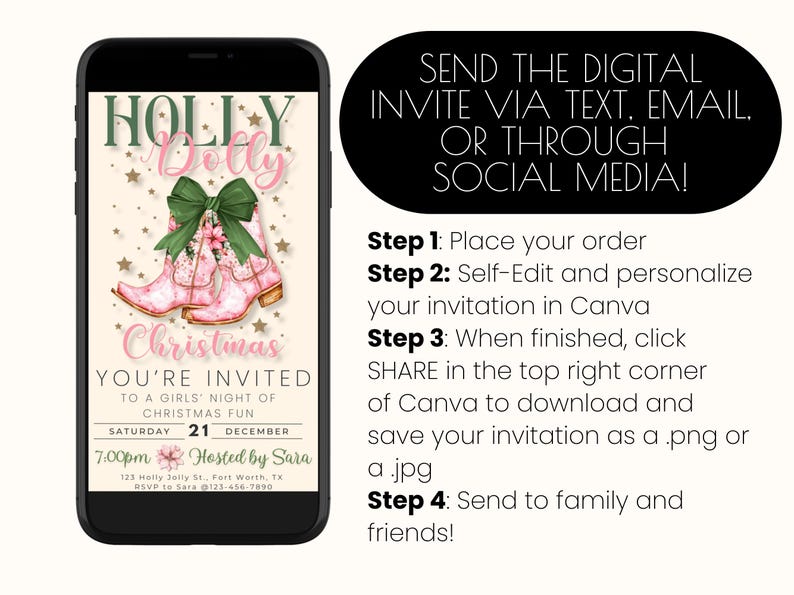 Cowgirl Christmas Invitation Have a Holly Dolly Christmas Invite Howdy Evite Holiday Hoedown EDITABLE Template Digital Download image 4