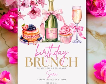 Birthday Brunch Invitation Champagne Brunch Invite Pancake Flyer Pink Cupcake Girly Coquette Bow Evite EDITABLE Canva Template