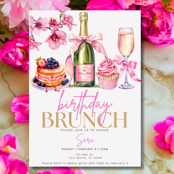Birthday Brunch Invitation Champagne Brunch Invite Pancake Flyer Pink Cupcake Girly Coquette Bow Evite EDITABLE Canva Template
