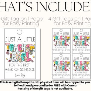 May include: Digital gift tag template with the text "JUST A LITTLE TEACHER FUEL" in colorful letters. The image shows one tag and a set of four tags, all with a hole at the top for easy printing.