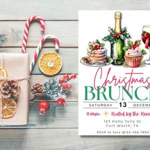May include: A Christmas Brunch invitation with watercolor illustrations of desserts, champagne, and wine. The invitation includes the text "Christmas Brunch" and event details. The image also features wrapped gifts, candy canes, and dried orange slices.