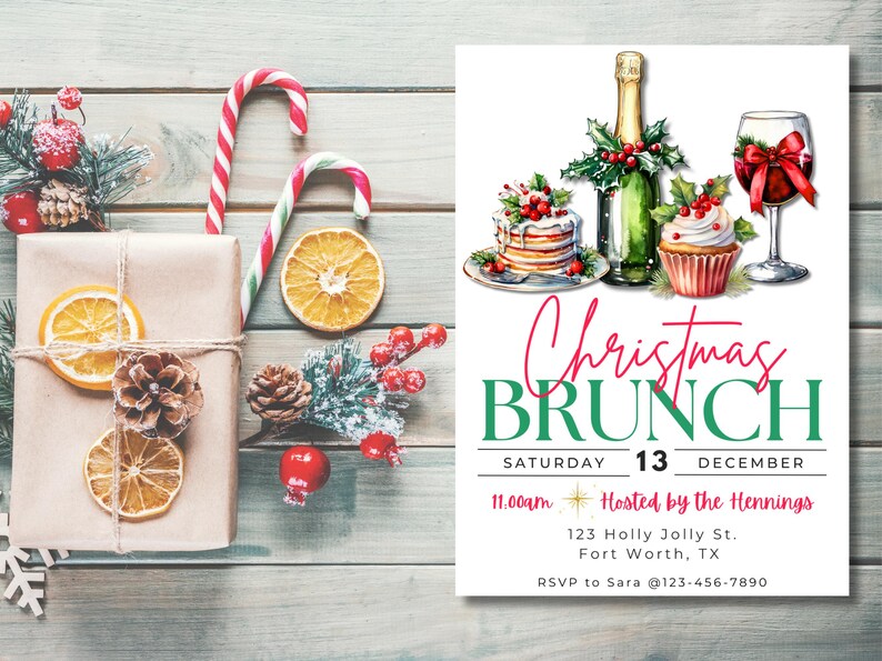 May include: A Christmas Brunch invitation with watercolor illustrations of desserts, champagne, and wine. The invitation includes the text "Christmas Brunch" and event details. The image also features wrapped gifts, candy canes, and dried orange slices.