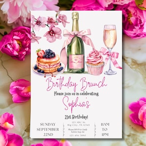 May include: A pink and white birthday brunch invitation with a watercolor illustration of a cupcake, champagne, and pancakes. The text reads "Birthday Brunch" and "Please join us in celebrating Sophia's 21st Birthday!" with the date and time of the event.