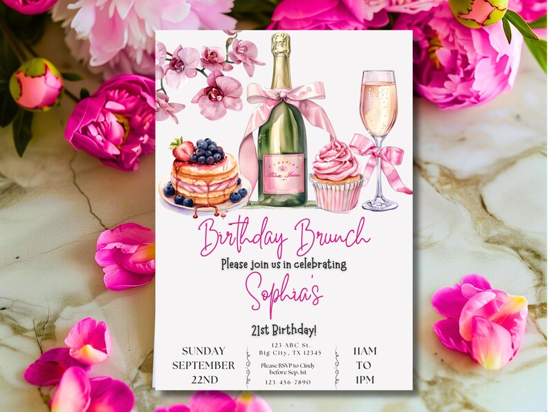 May include: A pink and white birthday brunch invitation with a watercolor illustration of a cupcake, champagne, and pancakes. The text reads "Birthday Brunch" and "Please join us in celebrating Sophia's 21st Birthday!" with the date and time of the event.