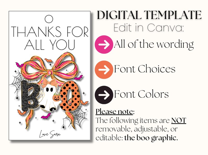 May include: A digital template with a Halloween theme. The design features the text "THANKS FOR ALL YOU" above a decorative bow and the word "BOO" with a ghost and pumpkin. Additional text indicates the template is editable in Canva.