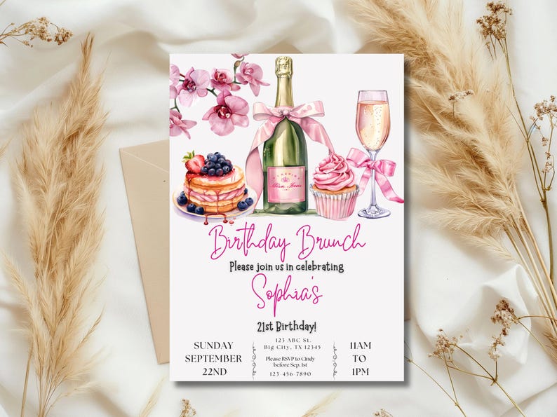 May include: A pink and white birthday brunch invitation with a watercolor illustration of a champagne flute, a bottle of champagne, a cupcake, and a plate of pancakes with berries. The text reads "Birthday Brunch" and "Please join us in celebrating Sophia's 21st Birthday!" with the date and time of the event.