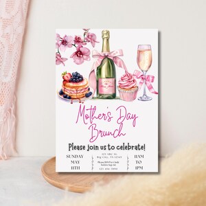 May include: A pink and white Mother's Day brunch invitation with a watercolor illustration of a champagne flute, a bottle of champagne, a cupcake, and a stack of pancakes with blueberries and strawberries. The text reads "Mother's Day Brunch" and "Please join us to celebrate!" with the date and time of the event.