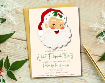 May include: An illustration of Santa Claus in white and red with a green holly sprig on a cream background. The text reads "Please join us for a White Elephant Party, Saturday December 21 7PM, Hosted by the Hennings, 123 Holly Jolly St. Fort Worth, TX, RSVP to Sara @123-456-7890, Please bring a gift to exchange. £25 limit."