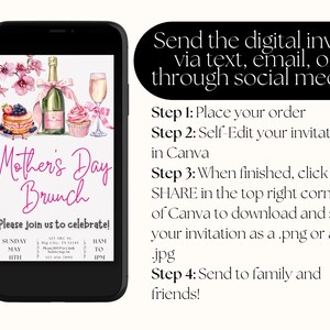 May include: A digital invitation for a Mother's Day brunch. The invitation features a watercolor illustration of a champagne bottle, cupcakes, and a plate of pancakes. The text on the invitation reads "Mother's Day Brunch" and "Please join us to celebrate!" The invitation also includes the date, time, and location of the brunch.