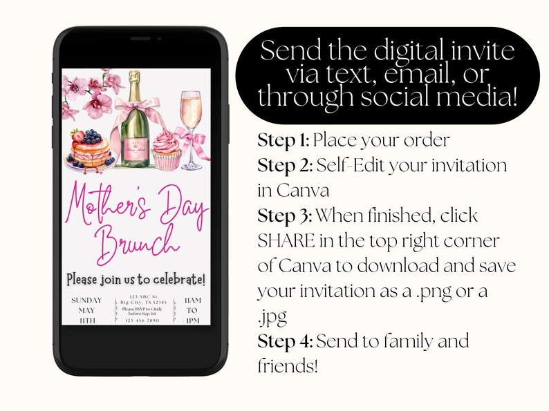 May include: A digital invitation for a Mother's Day brunch. The invitation features a watercolor illustration of a champagne bottle, cupcakes, and a plate of pancakes. The text on the invitation reads "Mother's Day Brunch" and "Please join us to celebrate!" The invitation also includes the date, time, and location of the brunch.