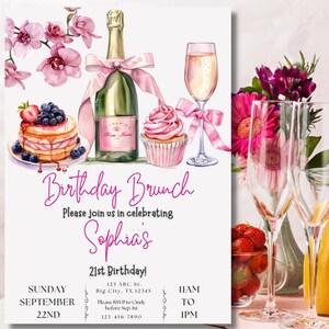 May include: A pink and white birthday brunch invitation with a watercolor illustration of a champagne flute, a bottle of champagne, a cupcake, and a stack of pancakes with berries. The text reads "Birthday Brunch" and "Please join us in celebrating Sophia's 21st Birthday!" with details for the event including the date, time, and RSVP information.