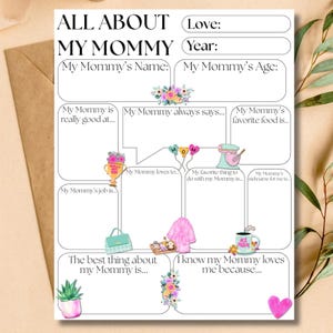 Tudo sobre minha mãe Questionário para o Dia das Mães para impressão Presente para mamãe das crianças Cartão para o Dia das Mães Atividade para preencher a planilha em branco Aniversário da mãe