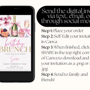 Pode incluir: Um convite digital para um brunch de anivers&aacute;rio com um esquema de cores rosa e dourado. O convite apresenta uma ilustra&ccedil;&atilde;o em aquarela de uma garrafa de champanhe, um cupcake e um prato de panquecas. O texto no convite diz "brunch de anivers&aacute;rio" e "Por favor, junte-se a n&oacute;s para homenagear Sara".
