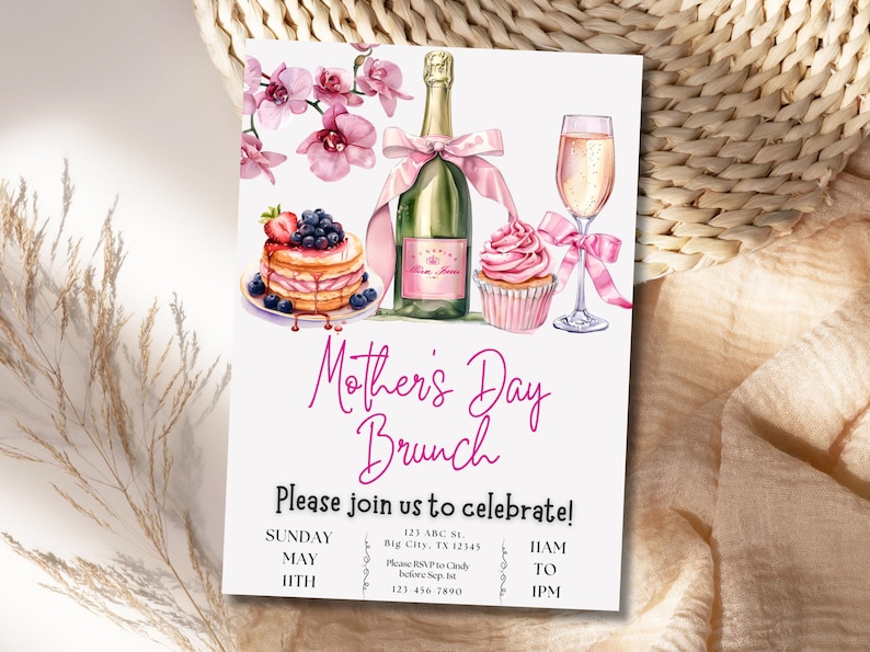 May include: A pink and white Mother's Day brunch invitation with a watercolor illustration of a champagne bottle, a cupcake, a plate of pancakes with blueberries, and a glass of champagne. The text reads "Mother's Day Brunch" and "Please join us to celebrate!" with the date and time of the event.
