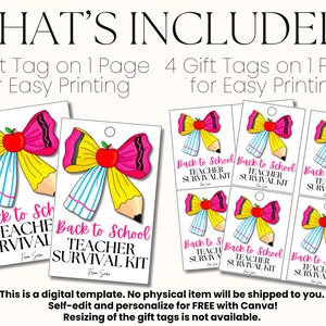 May include: Digital template for teacher gift tags. The tags feature a pencil design with a pink bow and red apple. Text includes "Back to School Teacher Survival Kit". Includes options for 1 or 4 tags per page.