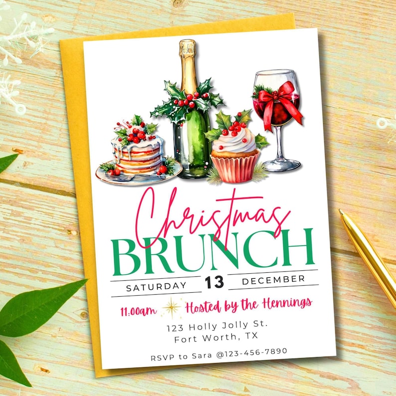 Christmas Brunch Invitation Festive Holiday Party Invite Printable Winter Gathering Evite Editable Template image 1