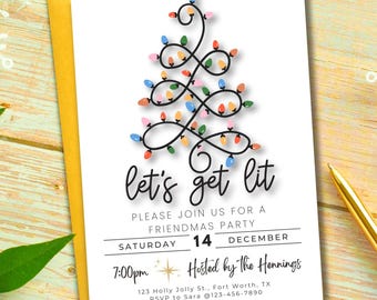 Let's Get Lit Christmas Party Invitation Friendmas Invite Holiday Evite EDITABLE Template Digital Download
