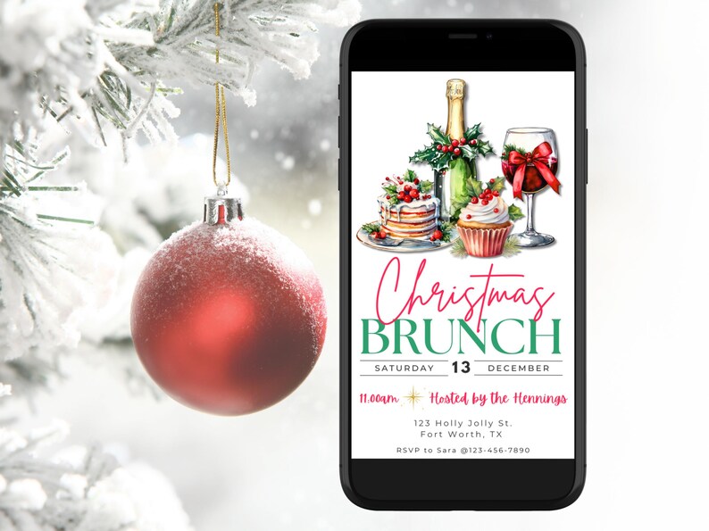 May include: A smartphone displays a Christmas Brunch invitation with watercolor illustrations of food and drinks. The invitation includes the text "Christmas Brunch" and event details. A red ornament hangs in the foreground.