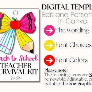 May include: A digital template for a Back to School Teacher Survival Kit. The design features a colourful bow made of a pencil and a pink bow with an apple in the centre. Text includes "Back to School Teacher Survival Kit".