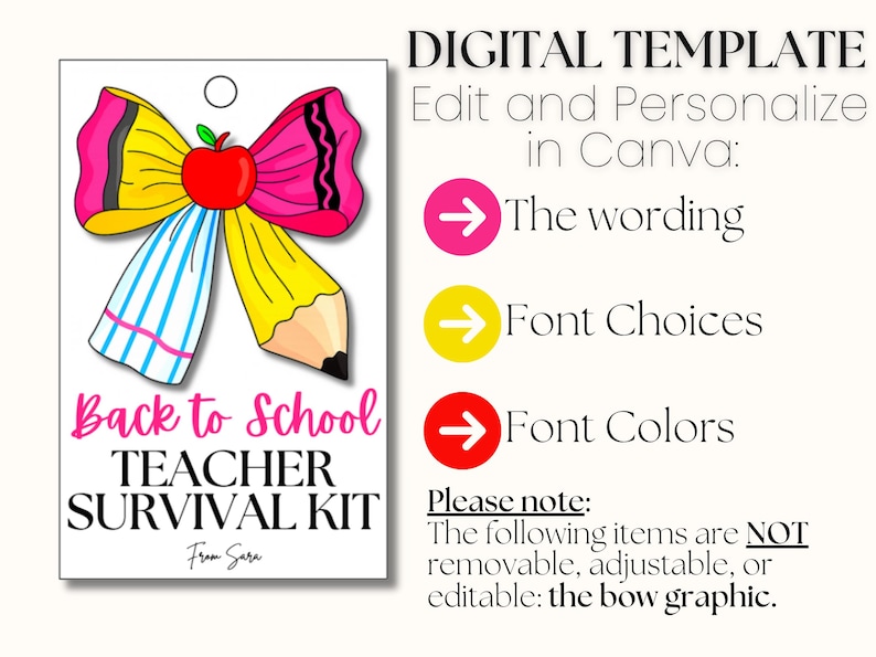 May include: A digital template for a Back to School Teacher Survival Kit. The design features a colourful bow made of a pencil and a pink bow with an apple in the centre. Text includes "Back to School Teacher Survival Kit".
