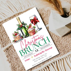 May include: A watercolor Christmas Brunch invitation featuring illustrations of champagne, cake, and a wine glass with a red bow. The invitation includes the text "Christmas Brunch" and event details.