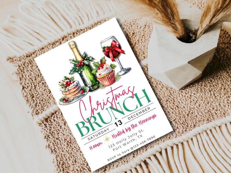 May include: A watercolor Christmas Brunch invitation featuring illustrations of champagne, cake, and a wine glass with a red bow. The invitation includes the text "Christmas Brunch" and event details.