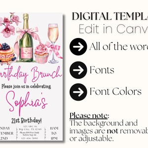 May include: A digital printable invitation for a 21st birthday brunch. The invitation features a pink and white color scheme with watercolor illustrations of a champagne bottle, a cupcake, and a plate of pancakes. The text on the invitation reads "Birthday Brunch" and "Please join us in celebrating Sophia's 21st Birthday!"
