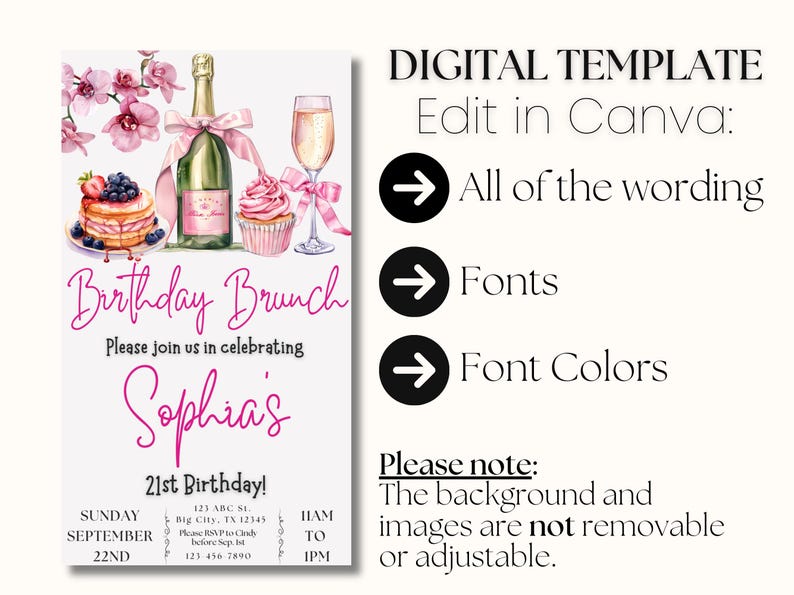 May include: A digital printable invitation for a 21st birthday brunch. The invitation features a pink and white color scheme with watercolor illustrations of a champagne bottle, a cupcake, and a plate of pancakes. The text on the invitation reads "Birthday Brunch" and "Please join us in celebrating Sophia's 21st Birthday!"