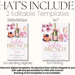 Pode incluir: Dois modelos edit&aacute;veis para um convite para um brunch de anivers&aacute;rio. O design apresenta flores cor-de-rosa, garrafas de champanhe, cupcakes e um t&iacute;tulo "brunch de anivers&aacute;rio" cor-de-rosa e dourado. O modelo maior &eacute; de 1080x1920 pixels e o modelo menor &eacute; de 5x7 polegadas.