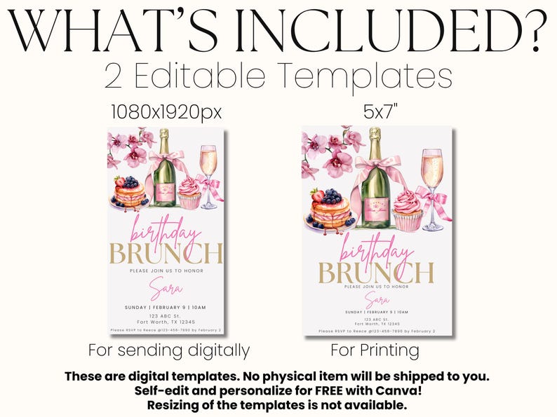 Pode incluir: Dois modelos edit&aacute;veis para um convite para um brunch de anivers&aacute;rio. O design apresenta flores cor-de-rosa, garrafas de champanhe, cupcakes e um t&iacute;tulo "brunch de anivers&aacute;rio" cor-de-rosa e dourado. O modelo maior &eacute; de 1080x1920 pixels e o modelo menor &eacute; de 5x7 polegadas.