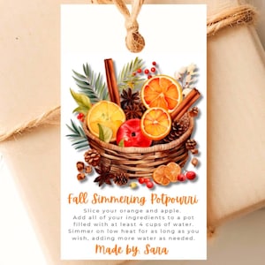 Etykieta na prezent z jesiennym garnkiem do duszenia, do druku, etykiety na Święto Dziękczynienia, szablon do edycji z przepisem