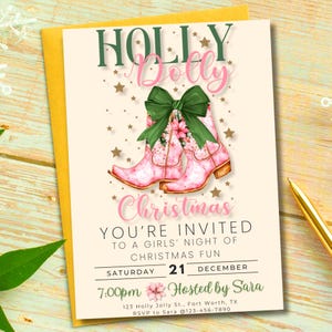 Cowgirl Christmas Invitation Have a Holly Dolly Christmas Invite Howdy Evite Holiday Hoedown EDITABLE Template Digital Download image 1