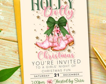 Cowgirl Christmas Invitation Have a Holly Dolly Christmas Invite Howdy Evite Holiday Hoedown EDITABLE Template Digital Download