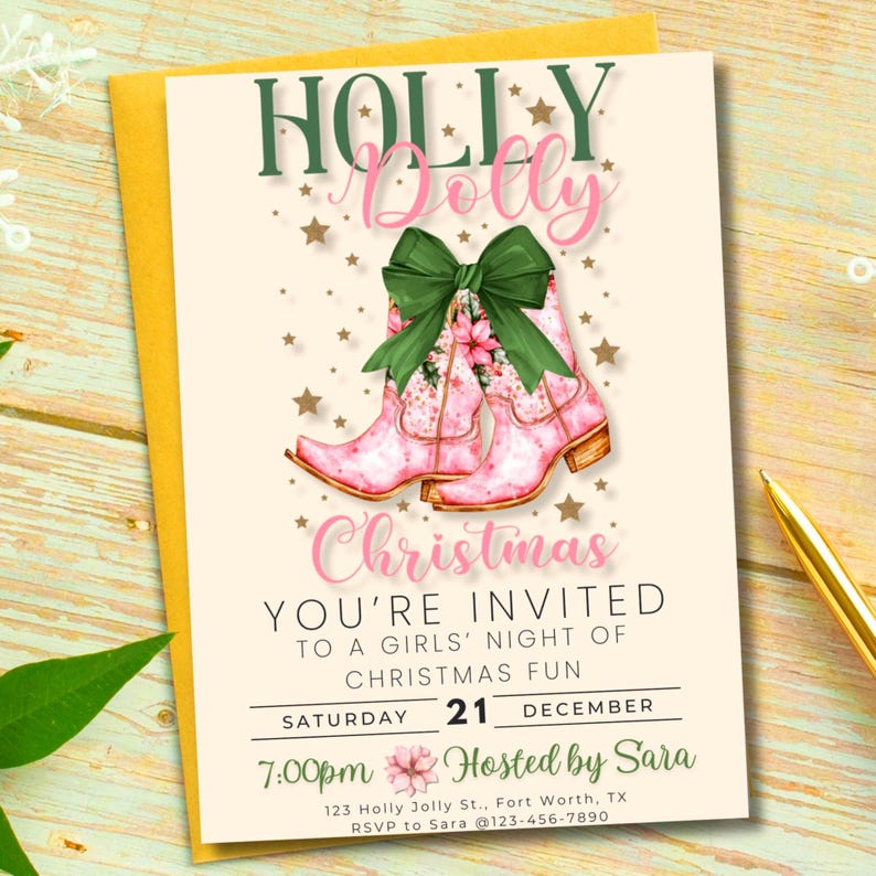 Cowgirl Christmas Invitation Have a Holly Dolly Christmas Invite Howdy Evite Holiday Hoedown EDITABLE Template Digital Download image 1