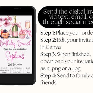 May include: A digital invitation for a birthday brunch, featuring a pink and white floral design with a champagne bottle, a cupcake, and a plate of pancakes. The text reads "Birthday Brunch" and "Sophia's 21st Birthday!" with details for the event.