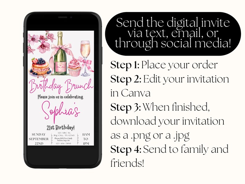 May include: A digital invitation for a birthday brunch, featuring a pink and white floral design with a champagne bottle, a cupcake, and a plate of pancakes. The text reads "Birthday Brunch" and "Sophia's 21st Birthday!" with details for the event.
