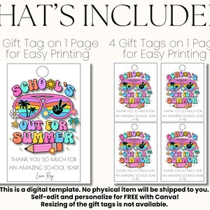 May include: Digital gift tag template with a retro design. The tags feature sunglasses, palm trees, and the text "School's Out For Summer." The tags are available in two formats: one tag per page and four tags per page.