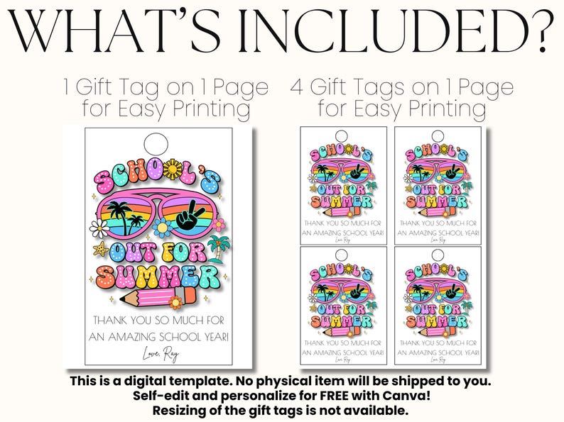 May include: Digital gift tag template with a retro design. The tags feature sunglasses, palm trees, and the text "School's Out For Summer." The tags are available in two formats: one tag per page and four tags per page.