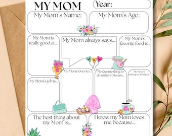 May include: A white fill-in-the-blank style printable sheet titled "ALL ABOUT MY MOM". The sheet includes prompts such as "My Mom's Name", "My Mom's Age", and "My Mom's favourite food is..." with decorative floral accents.