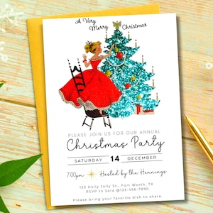 Vintage Christmas Party Invitation Retro Glitter Holiday Invite Nostalgic Evite EDITABLE Template Digital Download