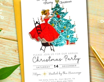Vintage Christmas Party Invitation Retro Glitter Holiday Invite Nostalgic Evite EDITABLE Template Digital Download