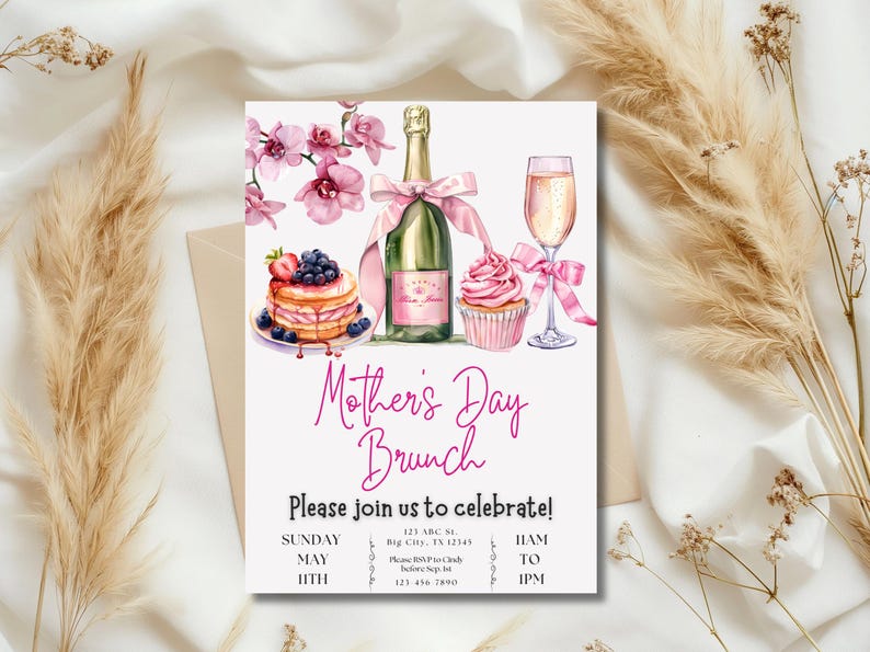 May include: A pink and white Mother's Day brunch invitation with a watercolor illustration of a champagne bottle, a cupcake, and a stack of pancakes with berries. The text reads "Mother's Day Brunch" and "Please join us to celebrate!" with the date and time of the event.