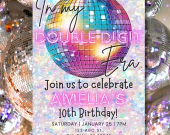 Double Digit Birthday Party Invitation Disco Ball Invite Glitter Evite EDITABLE Canva Template Instant Download