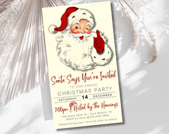 Vintage Santa Christmas Party Invitation Retro Holiday Invite Santa Says You’re Invited Evite EDITABLE Canva Template Digital Download