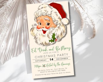 Vintage Santa Christmas Party Invitation Retro Holiday Invite Eat Drink and Be Merry EDITABLE Canva Template Digital Download