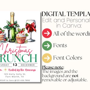 May include: Digital Christmas Brunch invitation template. Features watercolor illustrations of a cake, cupcake, champagne bottle, and wine glass. Includes the text "Christmas Brunch" and event details. Edit wording, fonts, and colors in Canva.